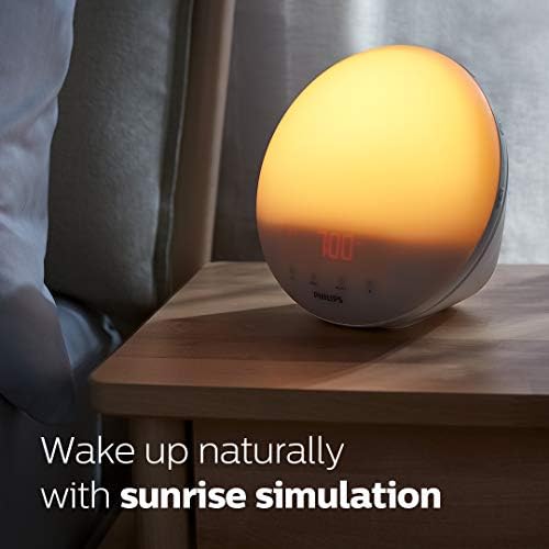 Индикатор за събуждане на Philips SmartSleep, Цвят имитация на изгрев и залез на слънцето, 5 естествени звуци, FM-радио и лампа