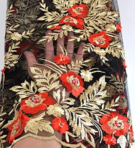 Африканска плат, мрежести тъкани, бродерии от мъниста лейси плат с нигерийски бродерия за една вечерна рокля (червен), 5 ярда 2205-7