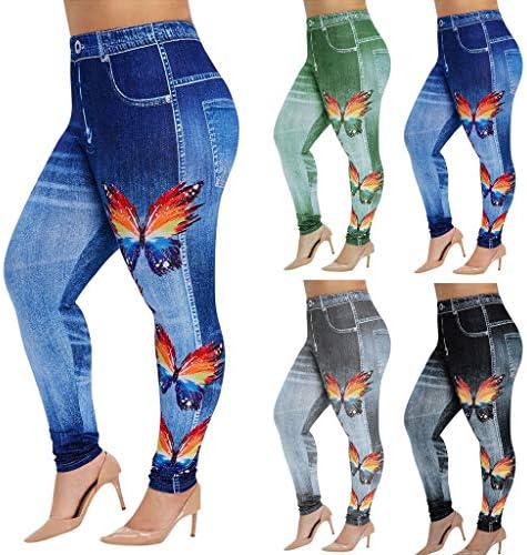 Дънкови гамаши, голям размер с принтом пеперуди, дънкови еластични спортни панталони за йога, спортни панталони за джогинг с висока