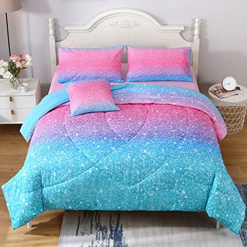 Комплект спално бельо JQinHome за момичета, в пълен размер легло в леглото от 6 теми, 3D Цветен комплект спално бельо в розово ириса,