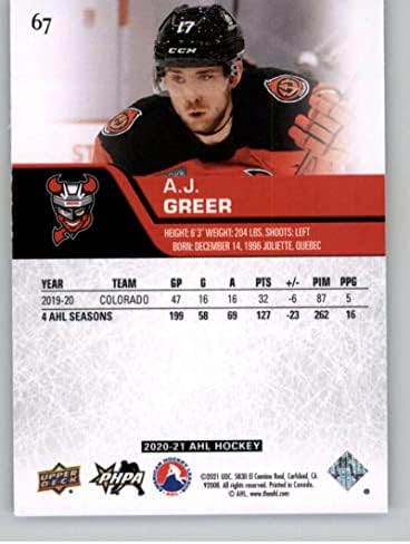 2020-21 Горна палуба AHL #67 Ей Джей Гриър Бриджпорт Саунд Тайгърс RC Хокейна карта начинаещ