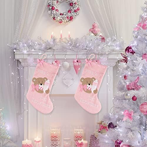Adurself 2 Опаковки, Коледни Чорапи, 19 Първата Коледа за Отглеждане на малко момиче, Чорапи за Новородени с Розов Мечок, Окачени