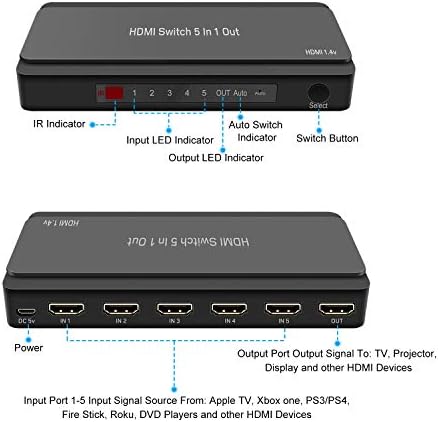 HDMI Switcher, LVY 5 в 1 Изход HDMI Превключвател 5x1 HDMI Превключвател Селектор 5 Пристанища Кутия с IR дистанционно управление
