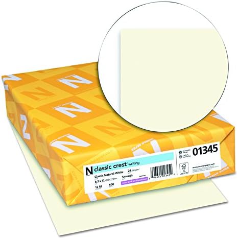 Neenah 5 X Paper 01345 Хартия premium Classic Crest, 24 паунда, 8.5 x 11 инча, Бяла, 500 Листа в пакет, Класически Натурален бял