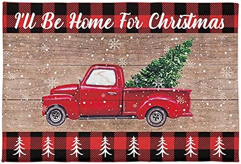 Коледен Камион, Постелки за баня, Wooly подложка за Баня, Коледен камион, Коледно Дърво, Червено, Черно, в клетка от Биволско дърво,
