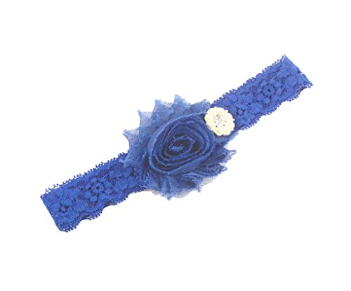 Еластичната Лейси превръзка-обвивка във формата на цвете с перли за коса, превръзка на главата за кръщаване на детето JA28 (тъмно синьо)