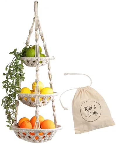 Подвесная кошница за плодове Kiki's Living Macrame - Хамак с плодове от ресни за кухня - Стенни кошница за плодове 3 ниво - Подвесная