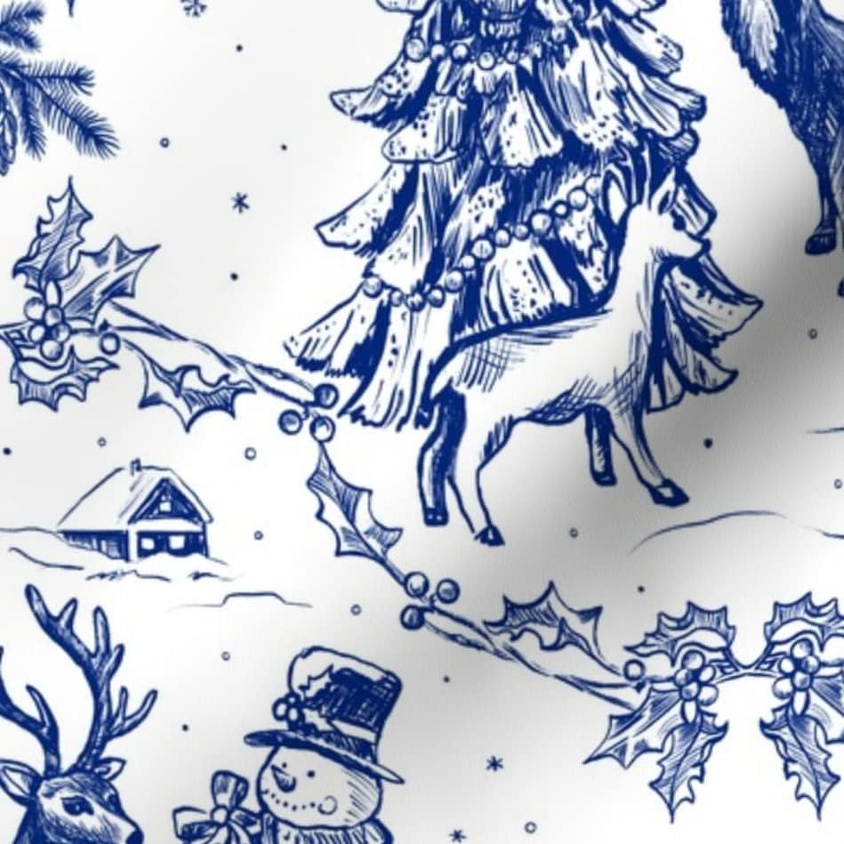 Плат Spoonflower - Празнична Играчка Елен в Гората Горски Сняг за Коледа с Принтом на Венчелистчетата Маркова Памучен Плат, Дебел