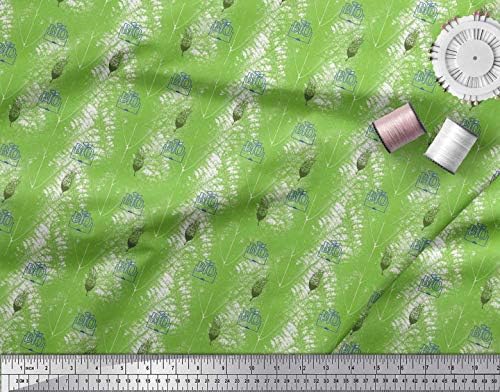 Зелен памучен трикотажная плат Soimoi с художествен принтом листа с ширина 1 ярд 58 инча