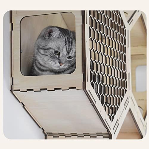 Стенно котешки гнездо wujin - Шестоъгълен рамка за катерене, котки, Стенно сграда от масивно дърво, платформа за скокове с котешки