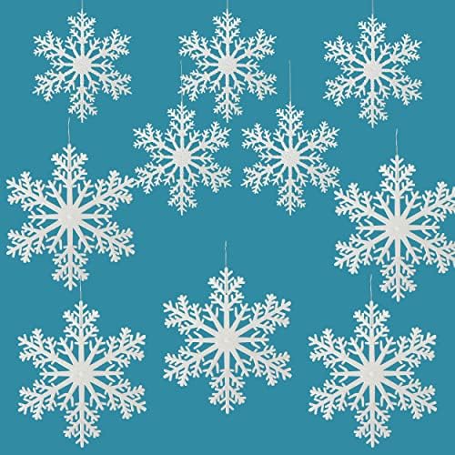 Бели снежинки - Комплект от 10 броя - Два различни размера на повече от 8 и 12 D - Блестящи снежинки - Декор на прозорците във формата