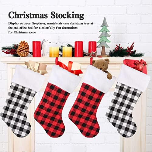 Qi благоприятни Коледни Чорапи в Клетка от Бъфало, 4 Предмета, 18 инча, Ферма Коледни Чорапи от Изкуствена Кожа, за Семейна Коледна декорация или Празнични партита