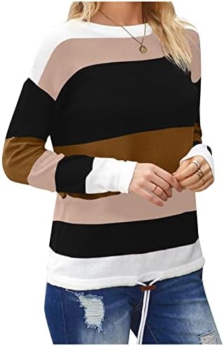 Дамски Пуловер Райе С Цветен Блок е със Средна Дължина, Свободни Пуловер с кръгло деколте и Дъното, Пуловери, Блузи