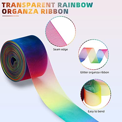 MOLSHINE 50yd x 2-инчов Прозрачна лента от органза, Лъскави Панделки премиум качество, Шифоновая лента - Седем цвята на Дъгата (rainbow,