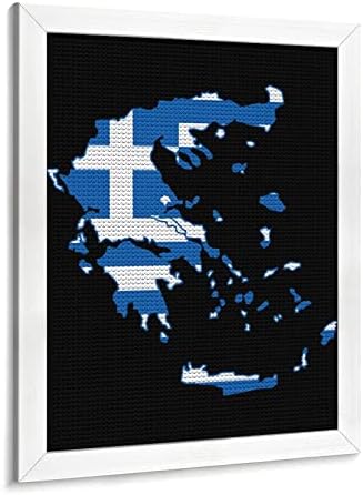 Флаг на Гърция Карта на Кръгла Диамантена Картина с Рамка Пълна Тренировка Картина на Изкуството за Декориране на Стените