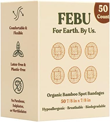 Превръзки от органичен бамбук тъкан FEBU за драскотини и порязвания | 50 броя, 7/8 x 7/8 инча | Кръгли Хипоалергенни Превръзки без