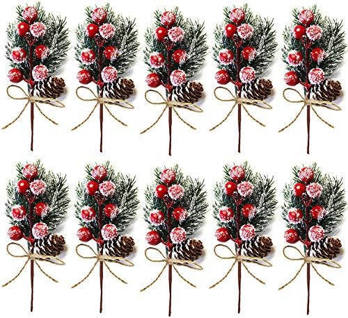 10 X Коледни Изкуствени плодове, Клон Борови Шишарки за Декорация на Коледната Елха, Коледни Червени горски Плодове Стъбла Направи