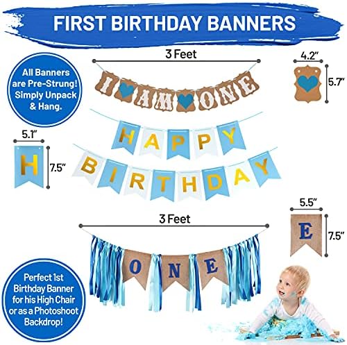 Украса за парти на 1-ви рожден ден на момчетата в комплект с банер със снимка на първия рожден ден, на фона, корона на първия рожден