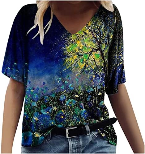 Тениска с Къс Ръкав Дамски Лятна Есенна Блуза Памучен Vneck с Цветен Модел, Риза за Дами U7 U7