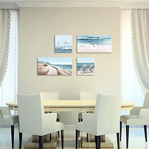 Плажната сцена Платно Стенно Изкуство: Крайбрежни Столове и Чайки Картина с Принтом за Хол (32 x 16x 2 Панел + 16 x 16x 2 Панела)