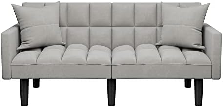 JUMMICO Модерен диван-futon с дрямка, foldout разтегателен диван, foldout разтегателен диван, foldout futon Twin Size с подлакътници и 2 възглавници за сядане (сив)