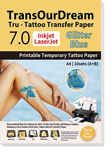 Хартия за прехвърляне на временни татуировки TransOurDream Blue за мастилено-струйни и лазерни принтери (A + B в комплекта, 10 групи,