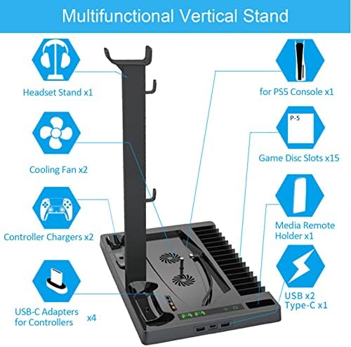 Вентилатор за Охлаждане на Вертикални Влакчета Vbestlife за PS5, Професионално зарядно устройство с Две Контролери, Мултифункционален