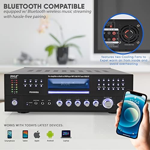 4-канален Безжичен усилвател Bluetooth PyleUsa - Стереодинамик с мощност 3000 W, Домашен аудиоприемник с FM радио, USB, 2 микрофона