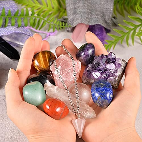 Кристали AOOVOO и Лечебни Камъни, Подаръчен Комплект от 16 бр. Лечебни Кристали за Начинаещи, 7 Чакра Камъни + 4 Кристални Пръчки