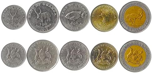 5 Монети от Уганда | Събиране на монети Уганда 5 10 20 50 Цента за 1 Шилинг | В обращение 1966-1975 | Сив Pie в Короната