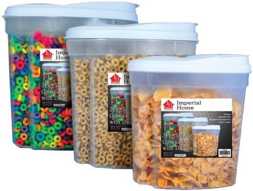 Набор от пластмасови диспенсеров за люспи Imperial Home от 3 теми - контейнери за съхранение на сухи продукти (с бели корици)