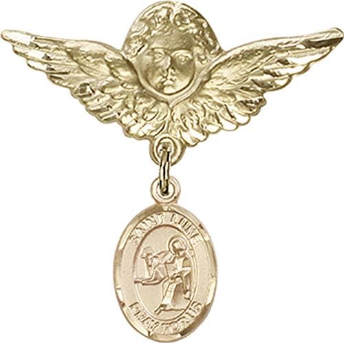 Детски икона Jewels Мания за талисман на Свети Апостол Лука и пин Ангел с крила | Детски иконата със златен пълнеж с талисман на