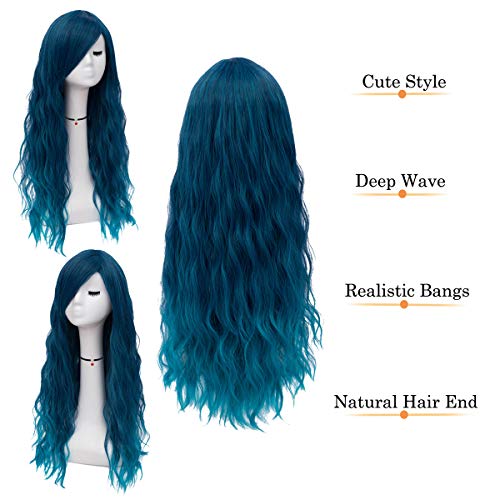 Mildiso сини перуки за жени 26 Дългата синя перука с бретон къдрави коси вълнообразни натурален сладък мек перука с мрежа за перуки